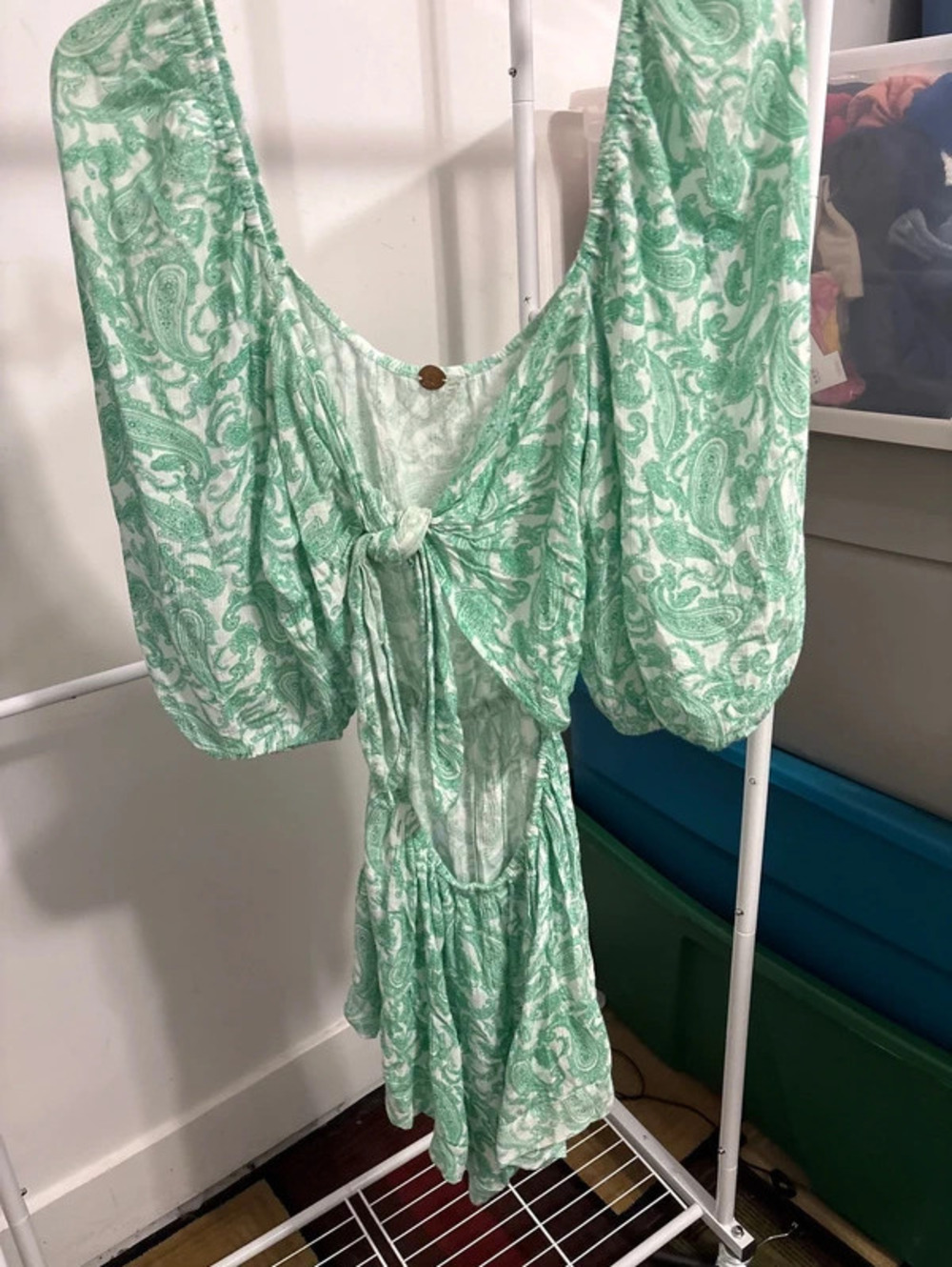 Free People Ashley Tie-Front Romper - Green Paisley XS (Excellent Condition)
